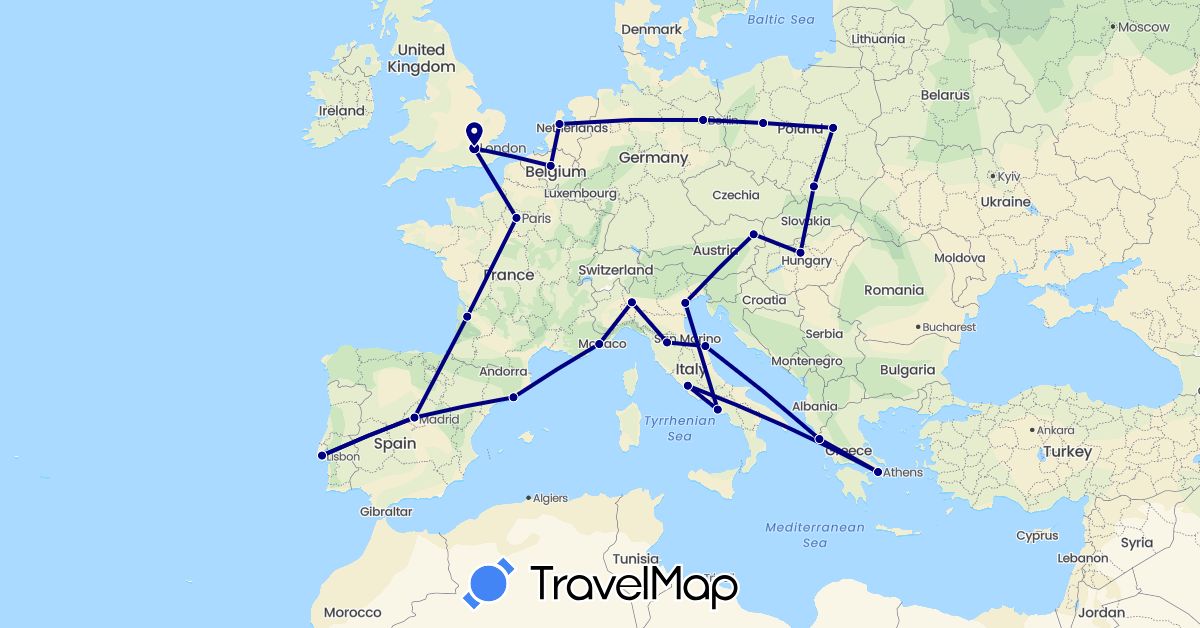 TravelMap itinerary: driving in Austria, Belgium, Germany, Spain, France, United Kingdom, Greece, Hungary, Italy, Netherlands, Poland, Portugal (Europe)